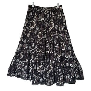 Vintage Indira Brown Floral Rayon Hippie Boho Tiered Skirt size Medium